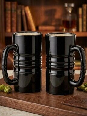 Vintage Black Onyx Glass Mug Set - Tiara Indiana Glass Ribbed Tankards Cups (2)